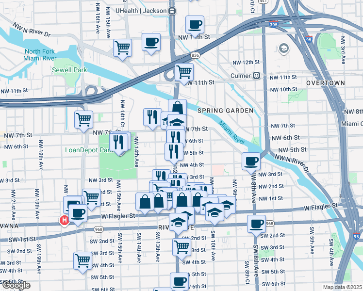 map of restaurants, bars, coffee shops, grocery stores, and more near 1142 Northwest 6 Street in Miami