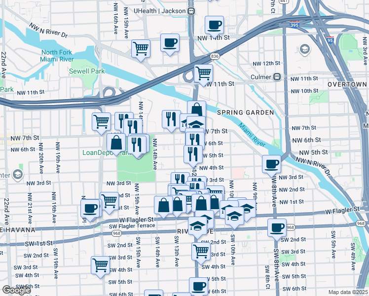 map of restaurants, bars, coffee shops, grocery stores, and more near 1236 Northwest 6 Street in Miami