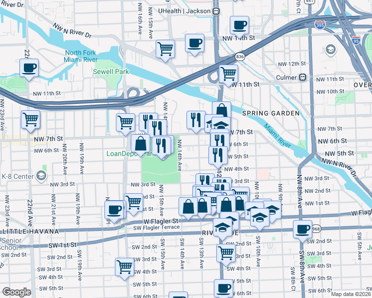 map of restaurants, bars, coffee shops, grocery stores, and more near 1318 Northwest 6 Street in Miami