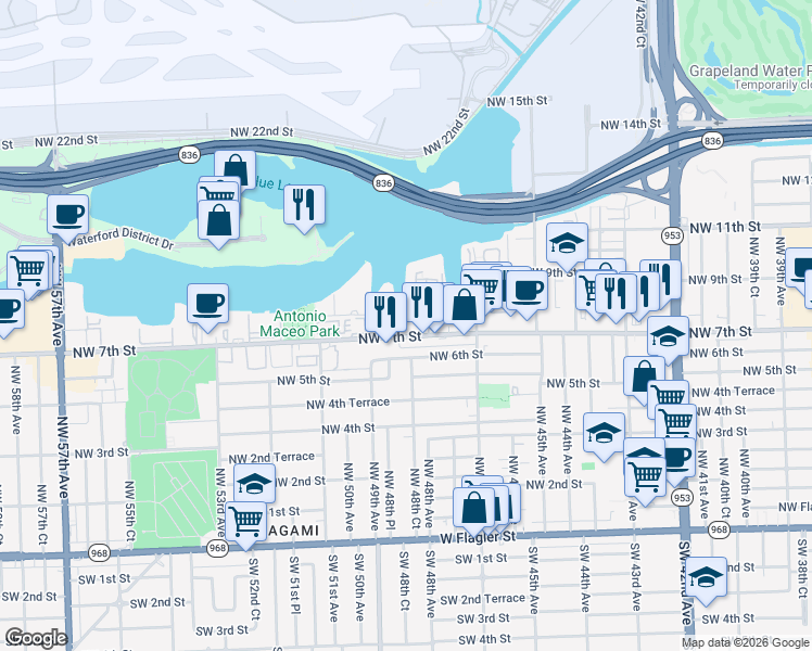 map of restaurants, bars, coffee shops, grocery stores, and more near 4841 Northwest 7th Street in Miami