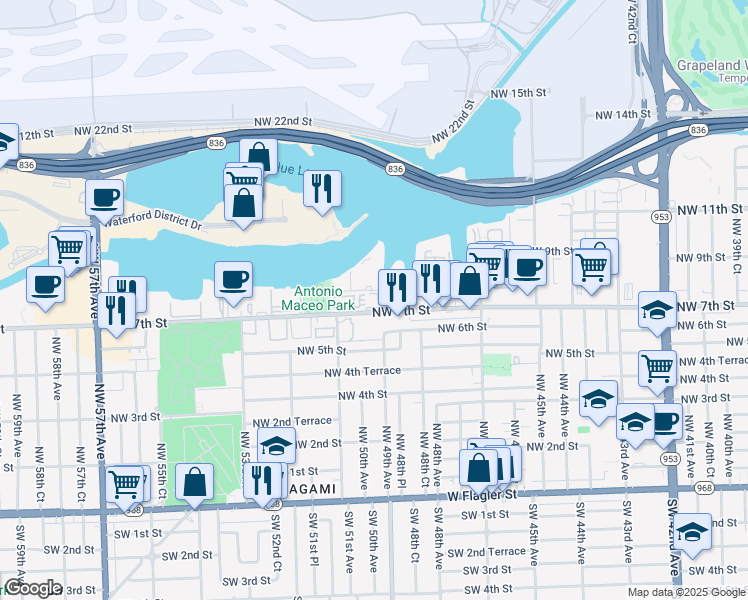 map of restaurants, bars, coffee shops, grocery stores, and more near 5033 Northwest 7th Street in Miami