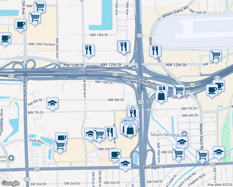 map of restaurants, bars, coffee shops, grocery stores, and more near 960 Northwest 78th Avenue in Miami