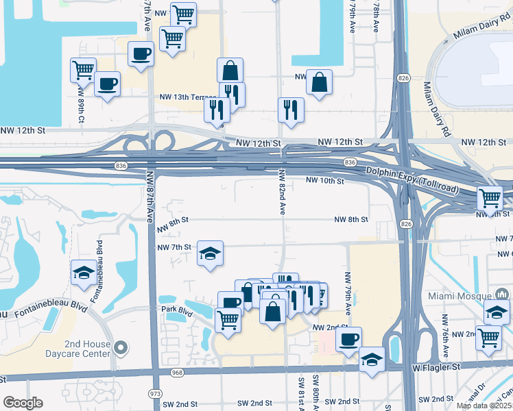 map of restaurants, bars, coffee shops, grocery stores, and more near 8231 Northwest 82nd Avenue in Miami