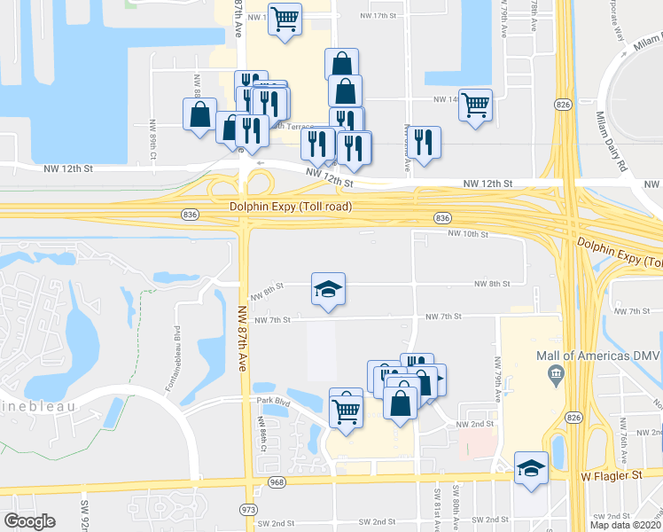 map of restaurants, bars, coffee shops, grocery stores, and more near 8425 Northwest 8th Street in Miami