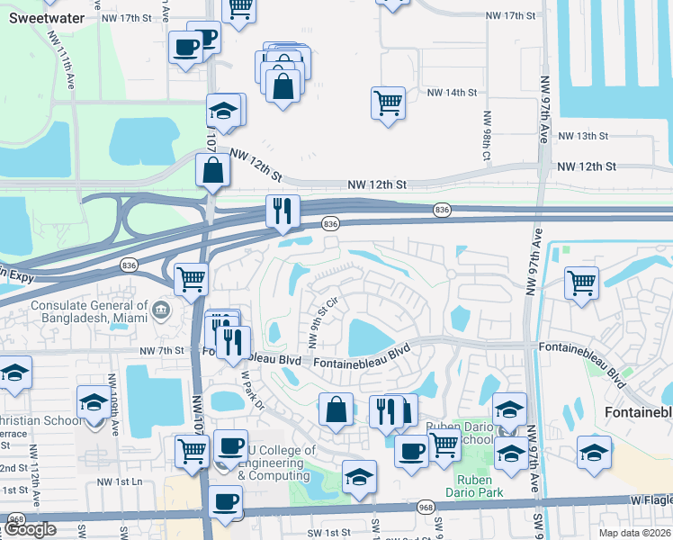 map of restaurants, bars, coffee shops, grocery stores, and more near 10255 Northwest 9th Street Circle in Miami