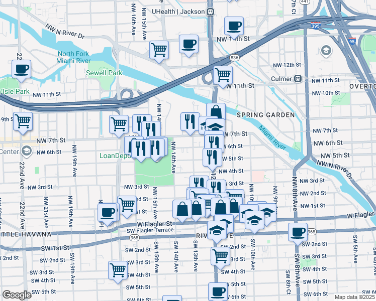 map of restaurants, bars, coffee shops, grocery stores, and more near 1318 Northwest 6 Street in Miami