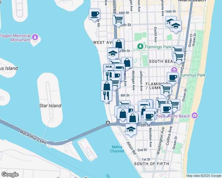 map of restaurants, bars, coffee shops, grocery stores, and more near 899 West Avenue in Miami Beach