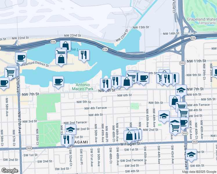 map of restaurants, bars, coffee shops, grocery stores, and more near 4855 Northwest 7th Street in Miami