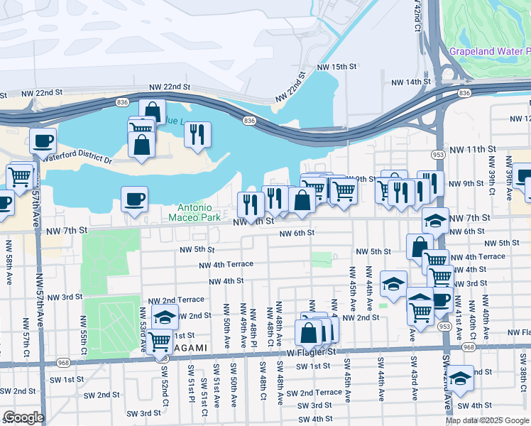 map of restaurants, bars, coffee shops, grocery stores, and more near 4841 Northwest 7th Street in Miami