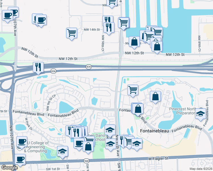map of restaurants, bars, coffee shops, grocery stores, and more near 9738 Northwest 10th Street in Miami
