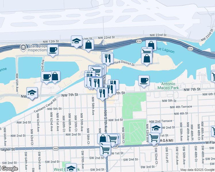 map of restaurants, bars, coffee shops, grocery stores, and more near 777 Northwest 57th Avenue in Miami
