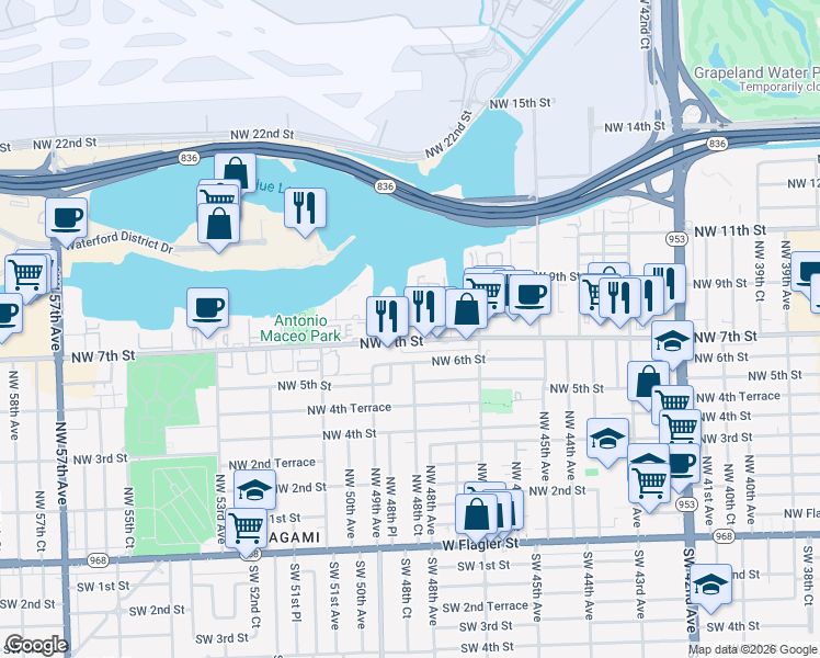 map of restaurants, bars, coffee shops, grocery stores, and more near 4841 Northwest 7th Street in Miami