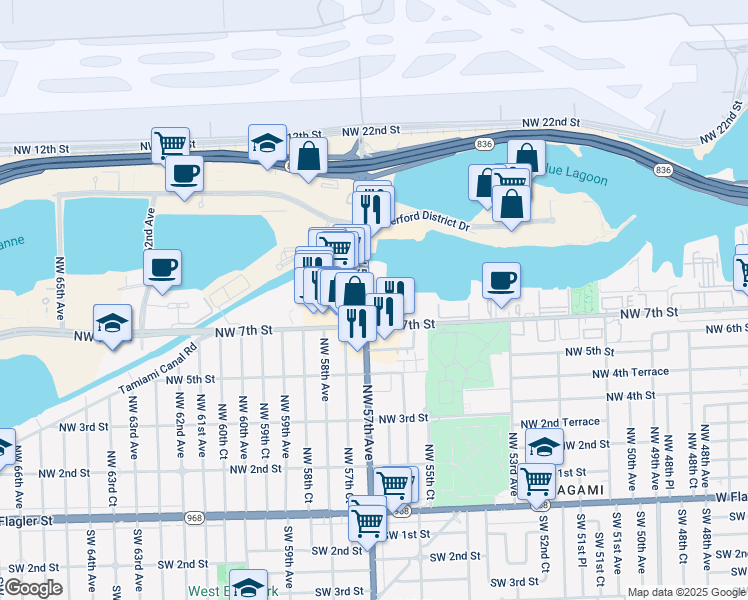 map of restaurants, bars, coffee shops, grocery stores, and more near 777 Northwest 57th Avenue in Miami
