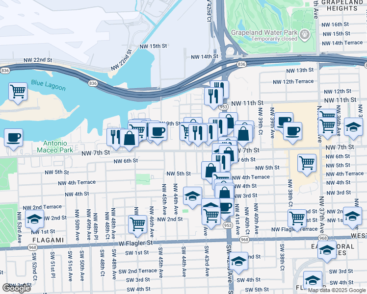 map of restaurants, bars, coffee shops, grocery stores, and more near 4387 Northwest 7th Street in Miami