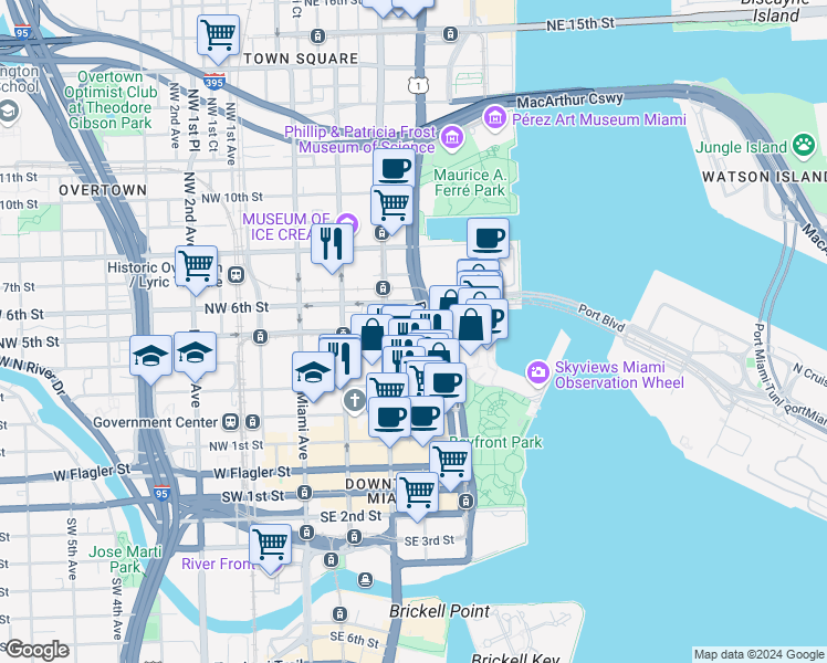 map of restaurants, bars, coffee shops, grocery stores, and more near 215 Southwest 5th Avenue in Miami