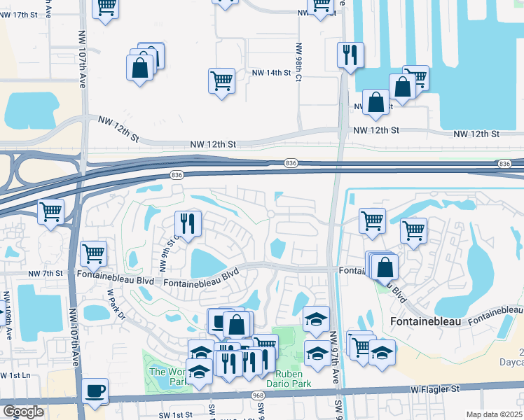 map of restaurants, bars, coffee shops, grocery stores, and more near 9920 Northwest 10th Street in Miami