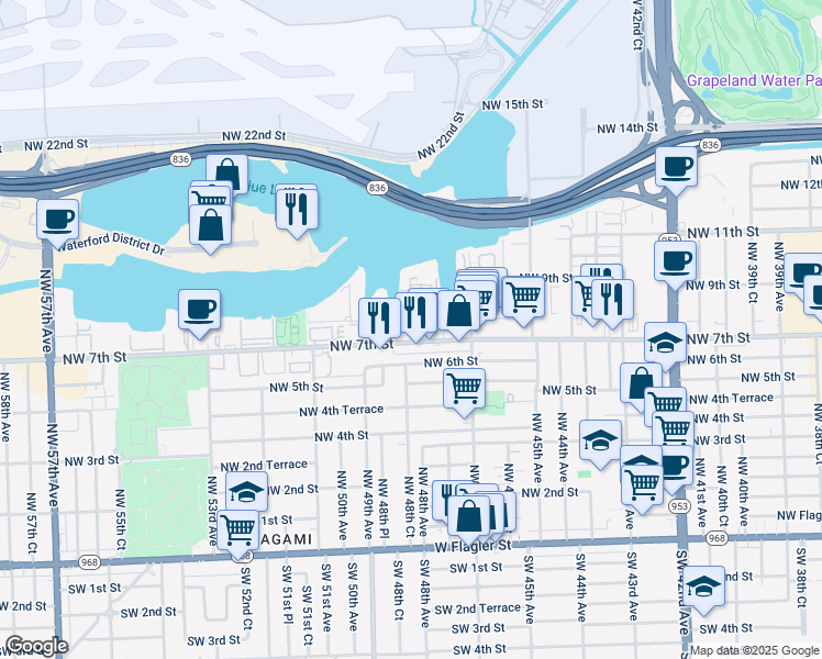 map of restaurants, bars, coffee shops, grocery stores, and more near 4841 Northwest 7th Street in Miami
