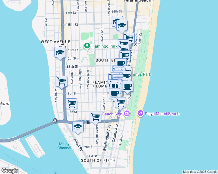 map of restaurants, bars, coffee shops, grocery stores, and more near in Miami Beach