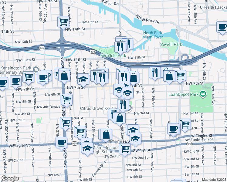 map of restaurants, bars, coffee shops, grocery stores, and more near 2237 Northwest 6 Street in Miami
