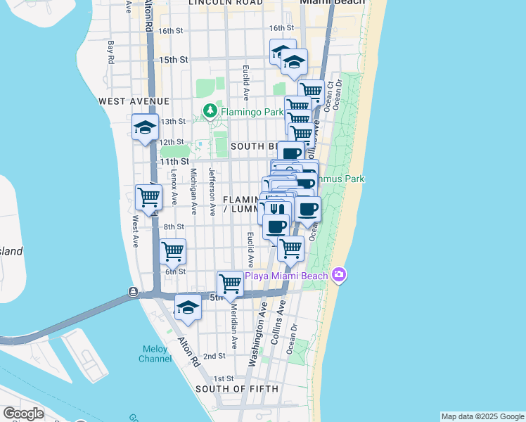 map of restaurants, bars, coffee shops, grocery stores, and more near 836 Pennsylvania Avenue in Miami Beach