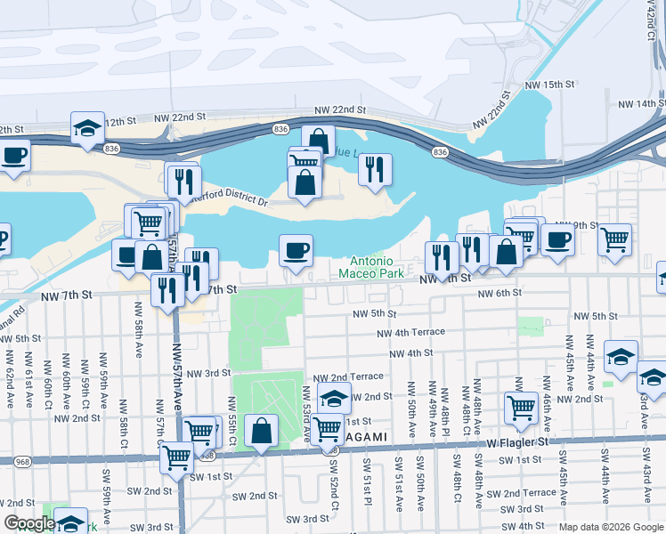 map of restaurants, bars, coffee shops, grocery stores, and more near 5151 Northwest 7th Street in Miami