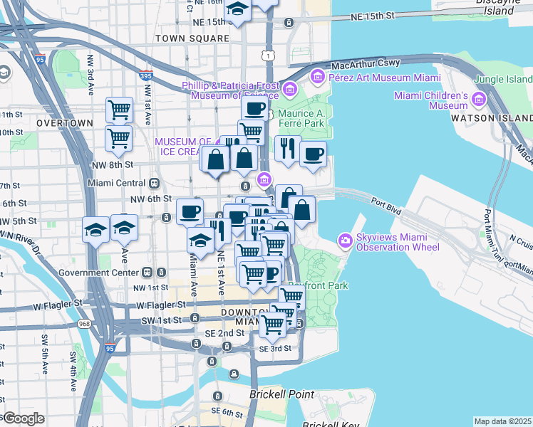 map of restaurants, bars, coffee shops, grocery stores, and more near 215 Southwest 5th Avenue in Miami