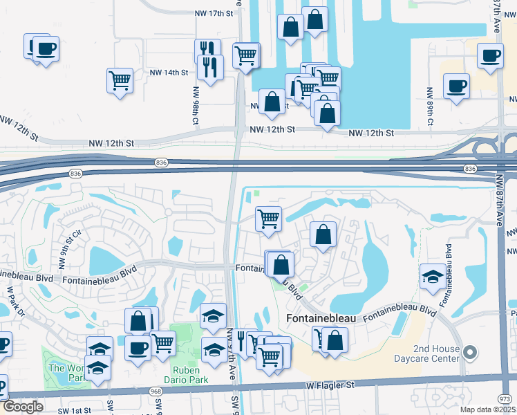map of restaurants, bars, coffee shops, grocery stores, and more near 901 Northwest 97th Avenue in Doral