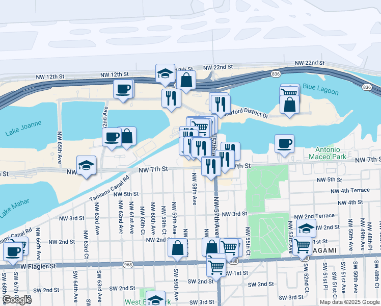 map of restaurants, bars, coffee shops, grocery stores, and more near 5755 Northwest 7th Street in Miami