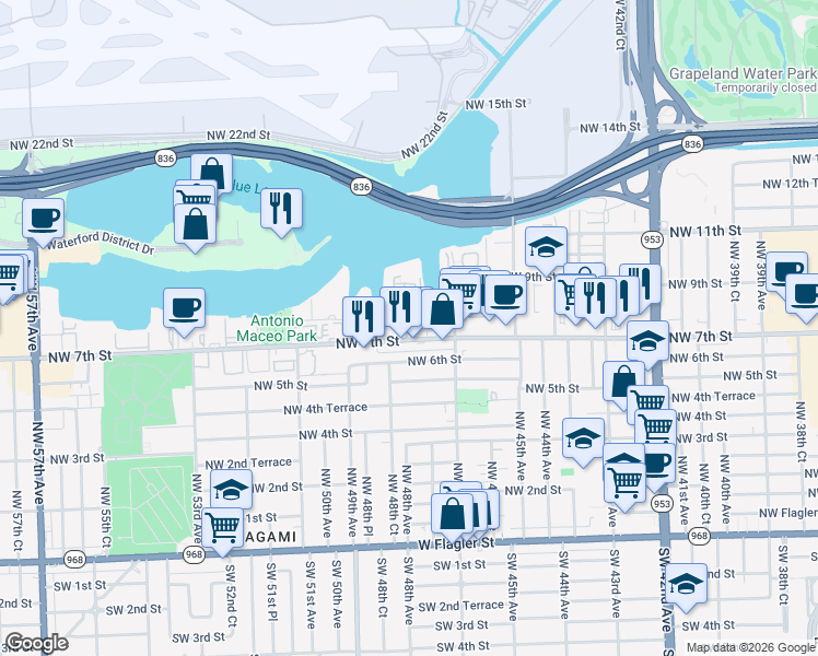 map of restaurants, bars, coffee shops, grocery stores, and more near 4841 Northwest 7th Street in Miami