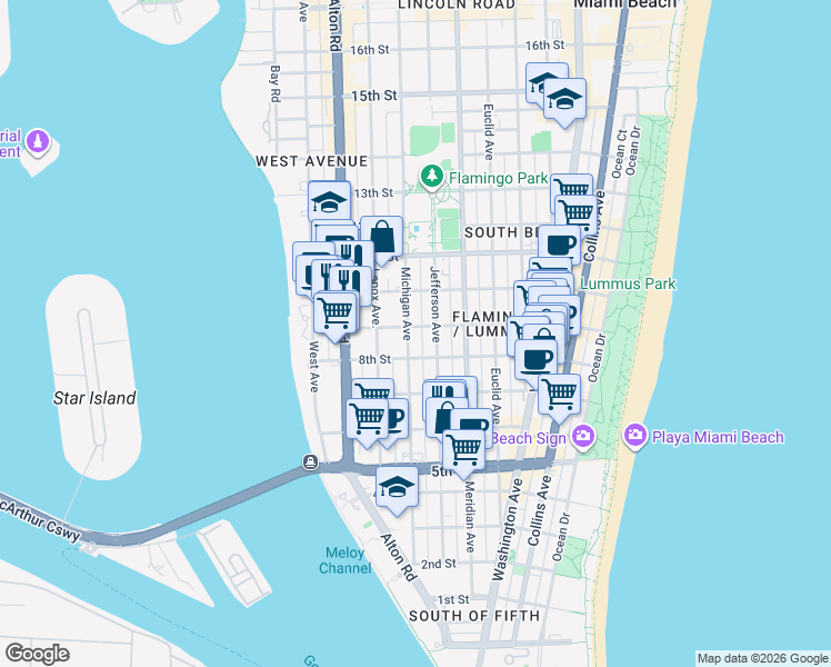 map of restaurants, bars, coffee shops, grocery stores, and more near 840 Jefferson Avenue in Miami Beach