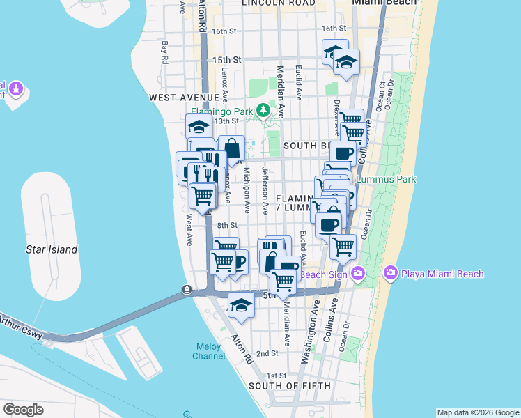 map of restaurants, bars, coffee shops, grocery stores, and more near 840 Jefferson Avenue in Miami Beach