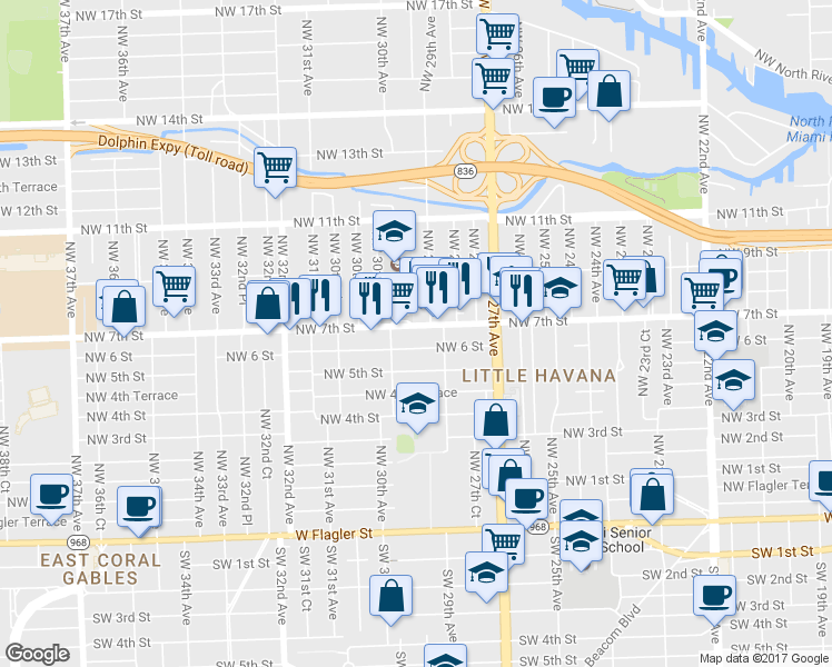 map of restaurants, bars, coffee shops, grocery stores, and more near 2920 Northwest 7th Street in Miami