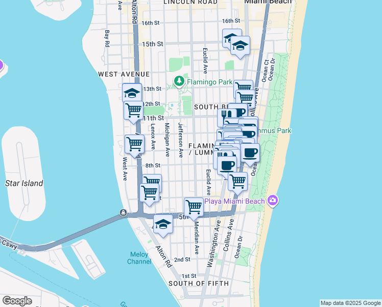 map of restaurants, bars, coffee shops, grocery stores, and more near in Miami Beach