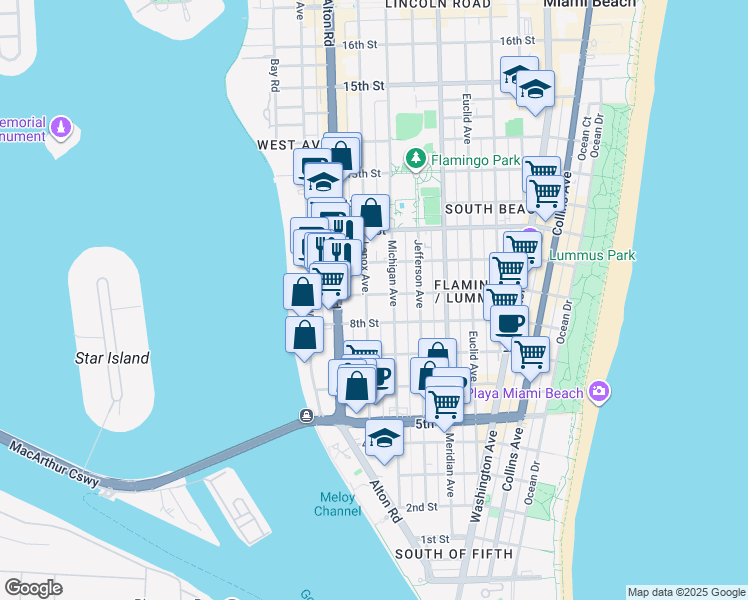 map of restaurants, bars, coffee shops, grocery stores, and more near in Miami Beach