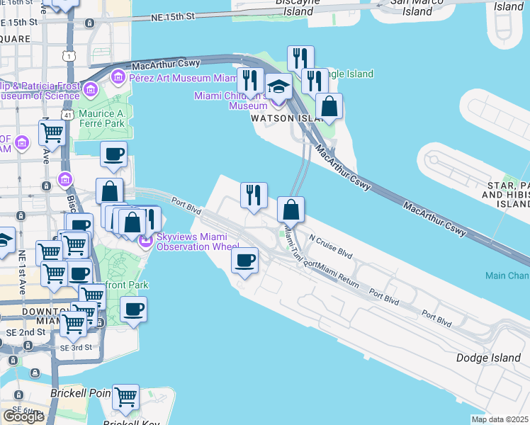 map of restaurants, bars, coffee shops, grocery stores, and more near 1015 North America Way in Miami