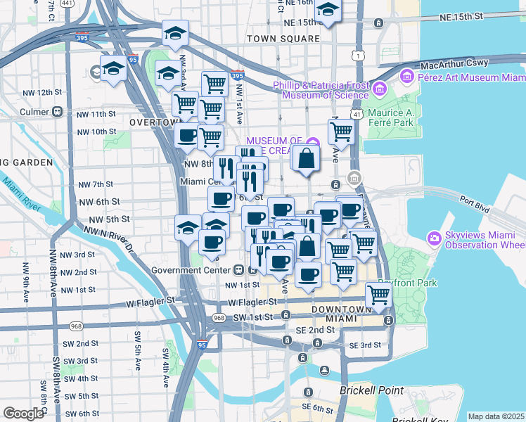 map of restaurants, bars, coffee shops, grocery stores, and more near 538 North Miami Avenue in Miami