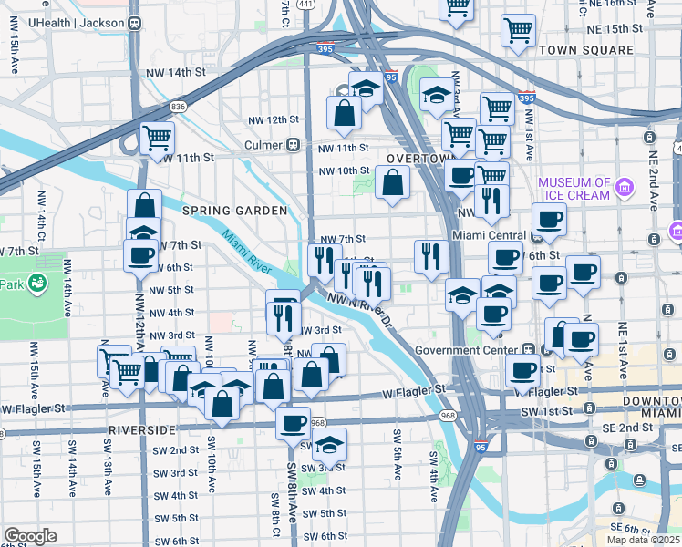 map of restaurants, bars, coffee shops, grocery stores, and more near 611 Northwest 5th Street in Miami