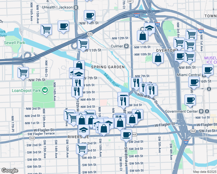 map of restaurants, bars, coffee shops, grocery stores, and more near 517 Northwest South River Drive in Miami