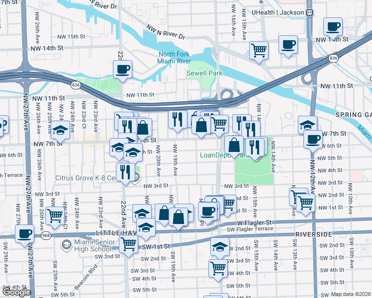 map of restaurants, bars, coffee shops, grocery stores, and more near 1864 Northwest 6 Street in Miami