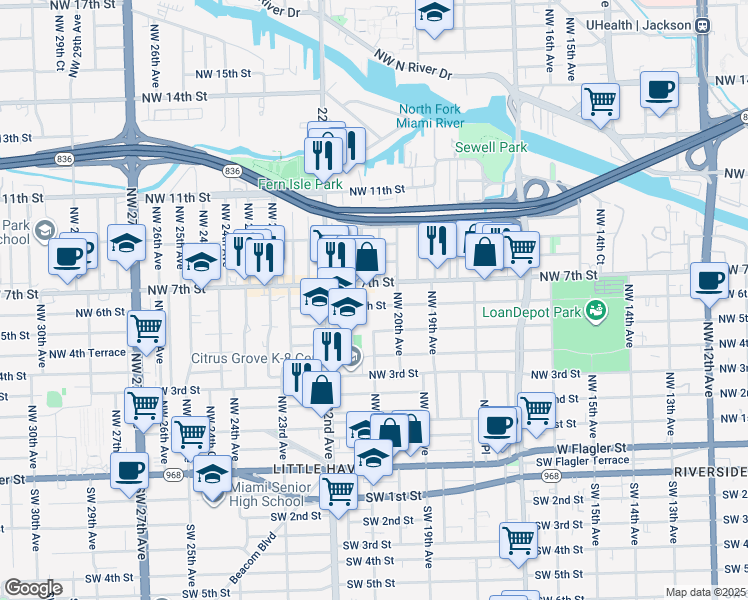 map of restaurants, bars, coffee shops, grocery stores, and more near 2043 Northwest 6 Street in Miami