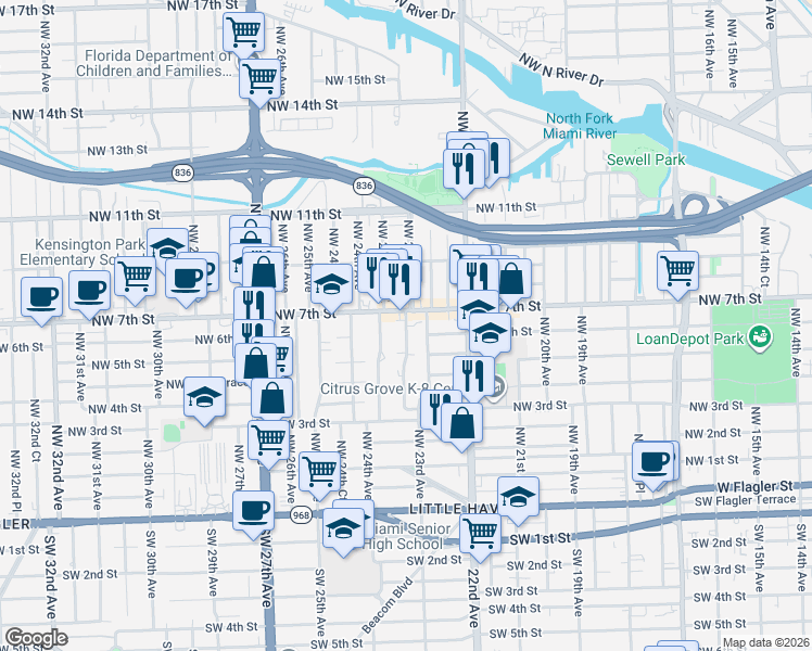 map of restaurants, bars, coffee shops, grocery stores, and more near 611 Northwest 23rd Court in Miami