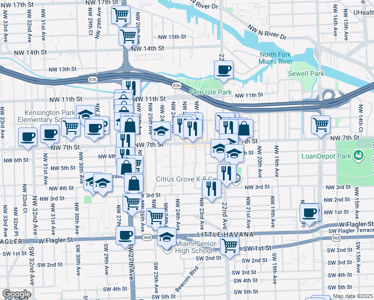 map of restaurants, bars, coffee shops, grocery stores, and more near 610 Northwest 23rd Place in Miami