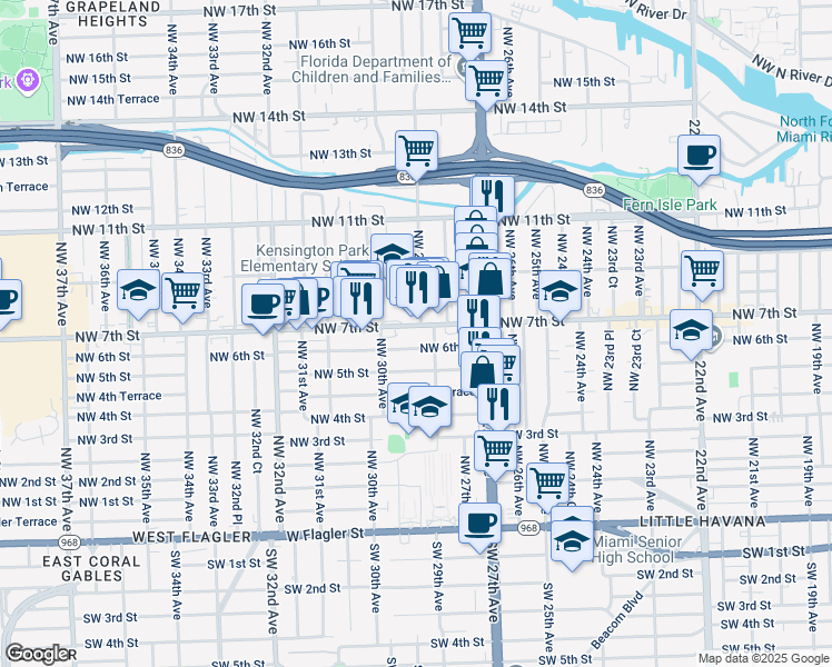 map of restaurants, bars, coffee shops, grocery stores, and more near 2920 Northwest 7th Street in Miami