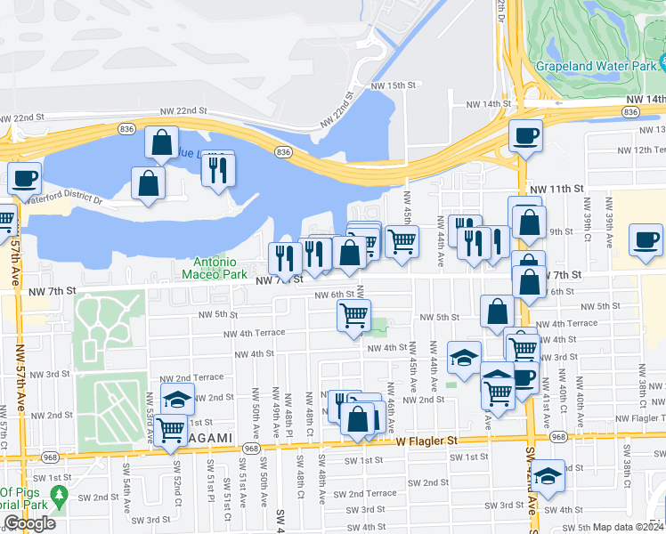 map of restaurants, bars, coffee shops, grocery stores, and more near 4701 Northwest 7th Street in Miami
