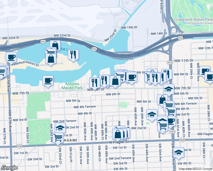 map of restaurants, bars, coffee shops, grocery stores, and more near 4841 Northwest 7th Street in Miami