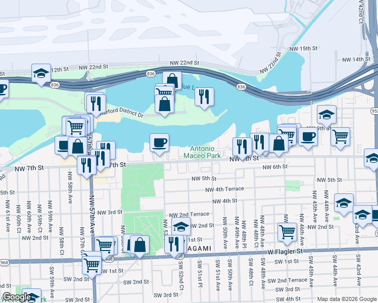 map of restaurants, bars, coffee shops, grocery stores, and more near 5151 Northwest 7th Street in Miami