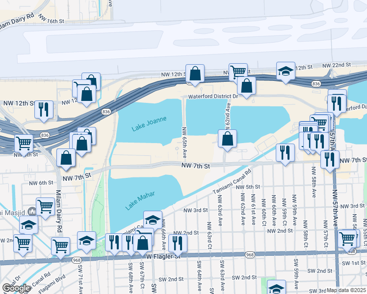 map of restaurants, bars, coffee shops, grocery stores, and more near 1004 NW 65th Ave in Miami