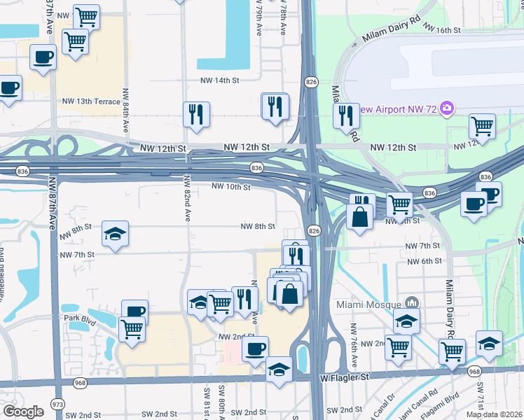 map of restaurants, bars, coffee shops, grocery stores, and more near 960 Northwest 78th Avenue in Miami