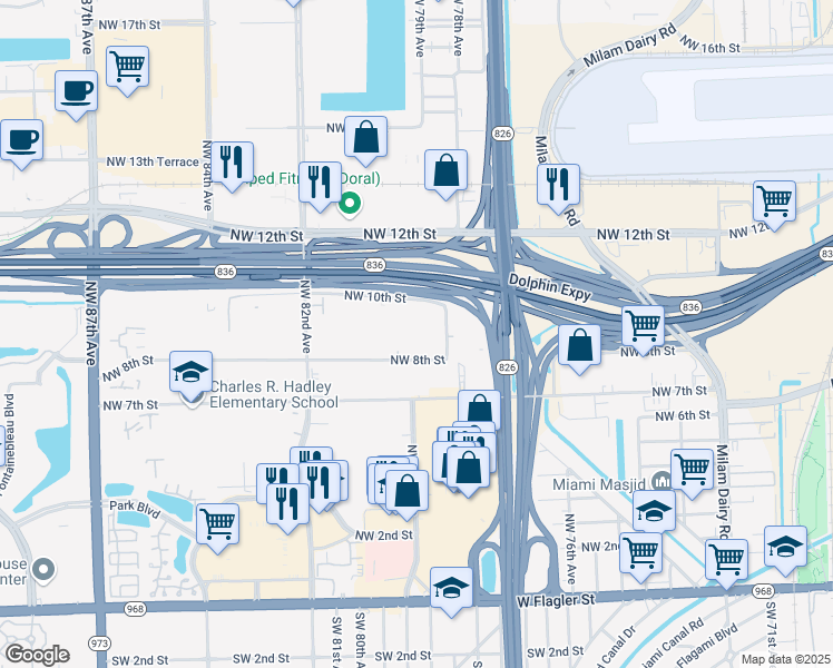 map of restaurants, bars, coffee shops, grocery stores, and more near 960 Northwest 78th Avenue in Miami