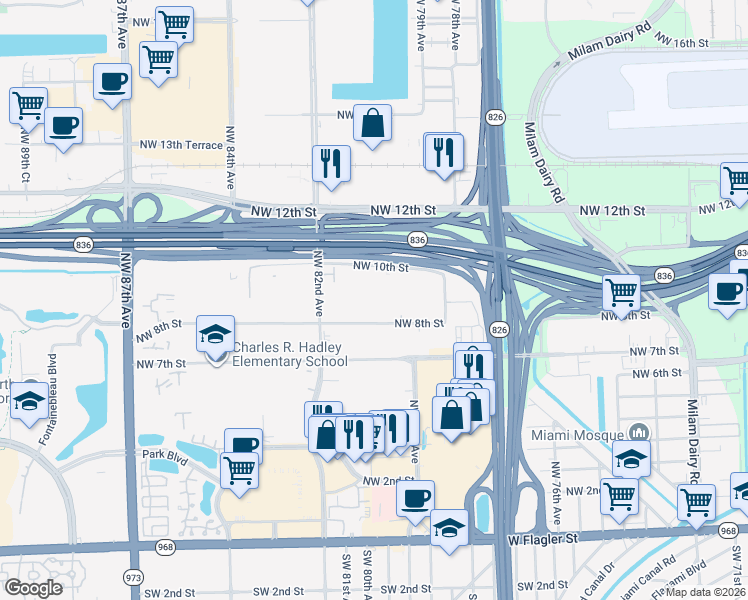 map of restaurants, bars, coffee shops, grocery stores, and more near 8087 Northwest 8th Street in Miami